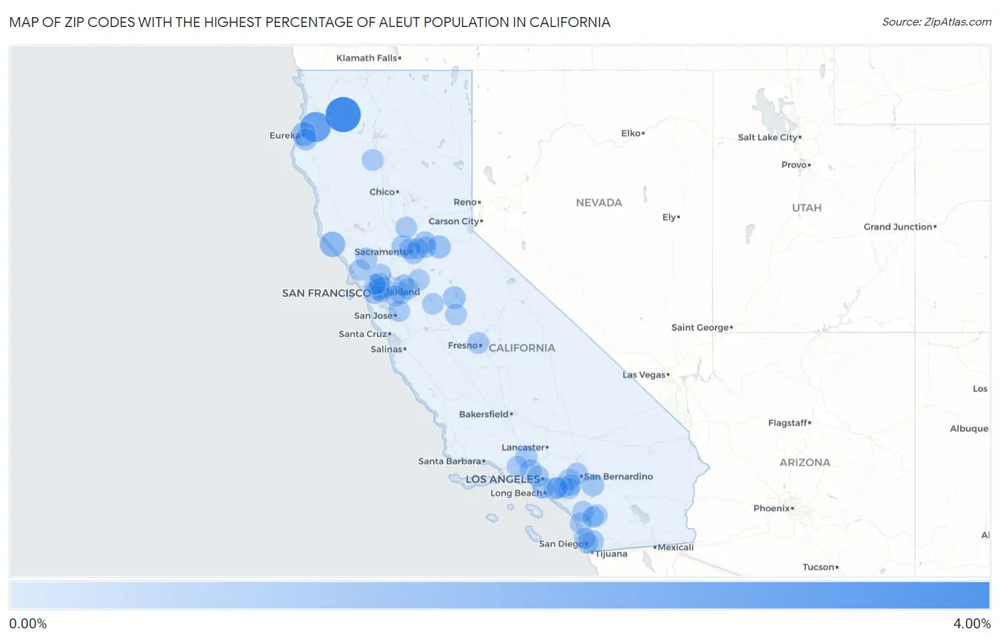 Zip Codes with the Highest Percentage of Aleut Population in California Map