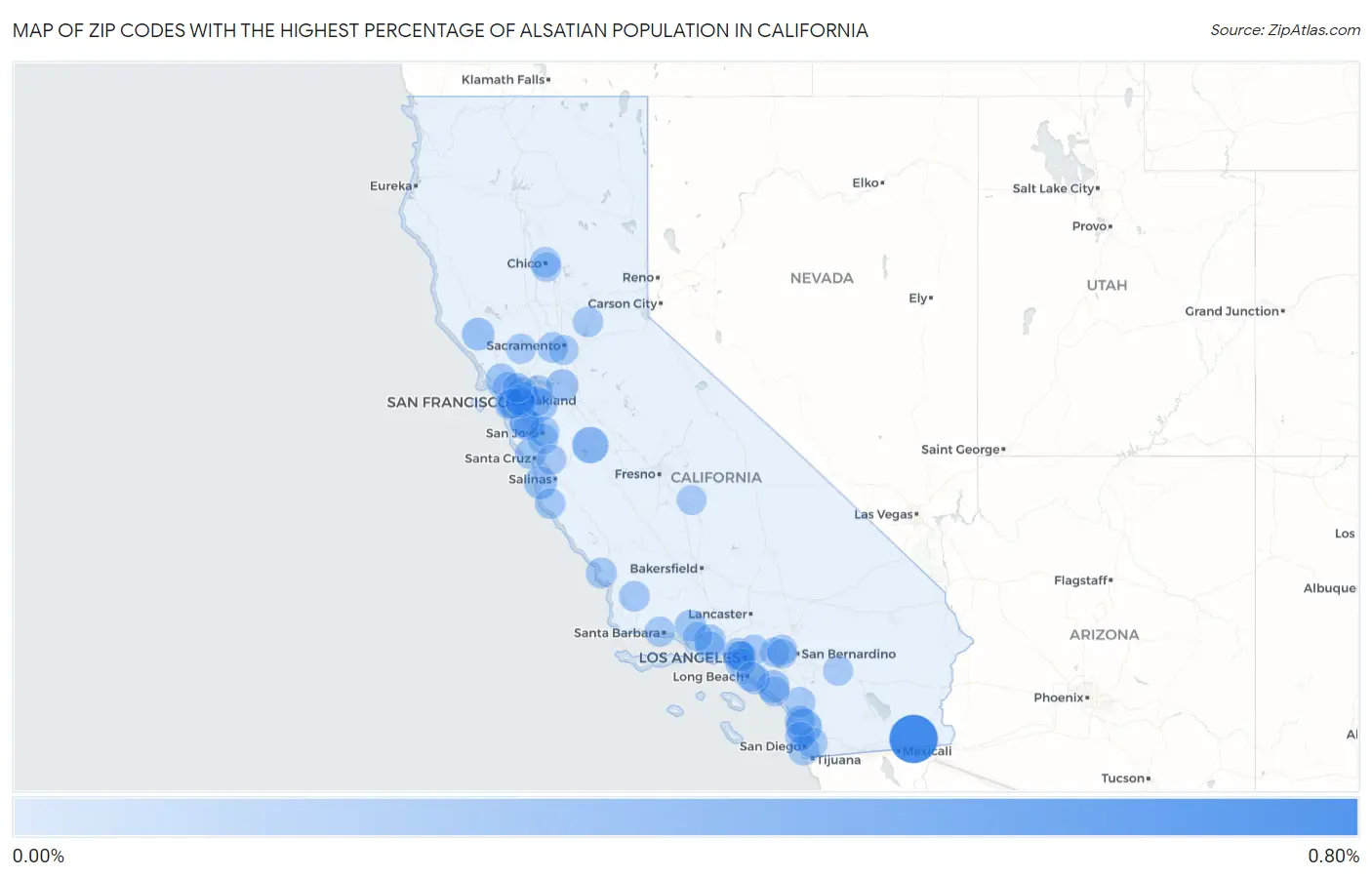 Zip Codes with the Highest Percentage of Alsatian Population in California Map