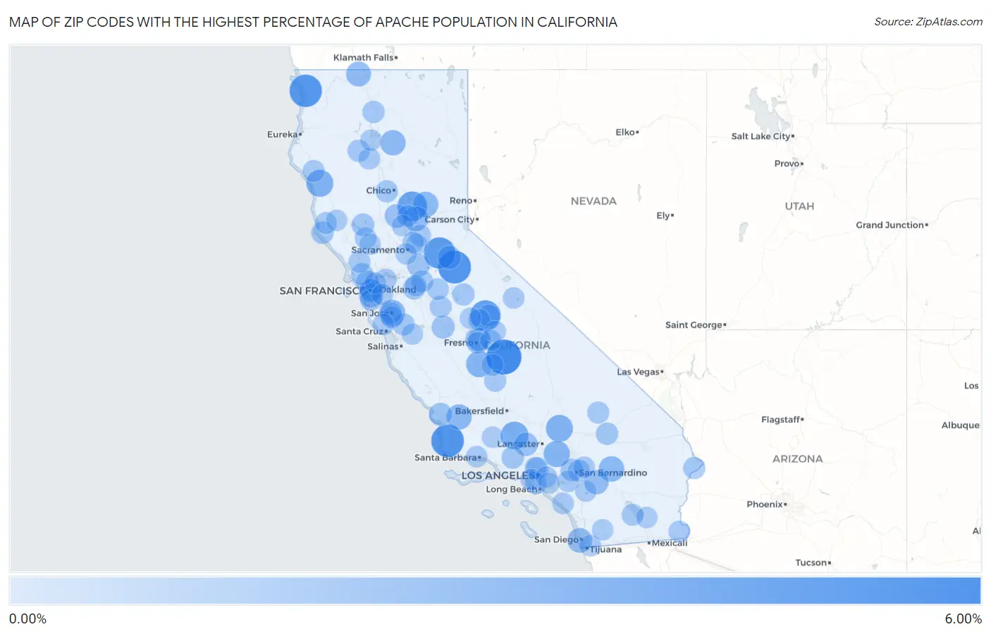 Zip Codes with the Highest Percentage of Apache Population in California Map