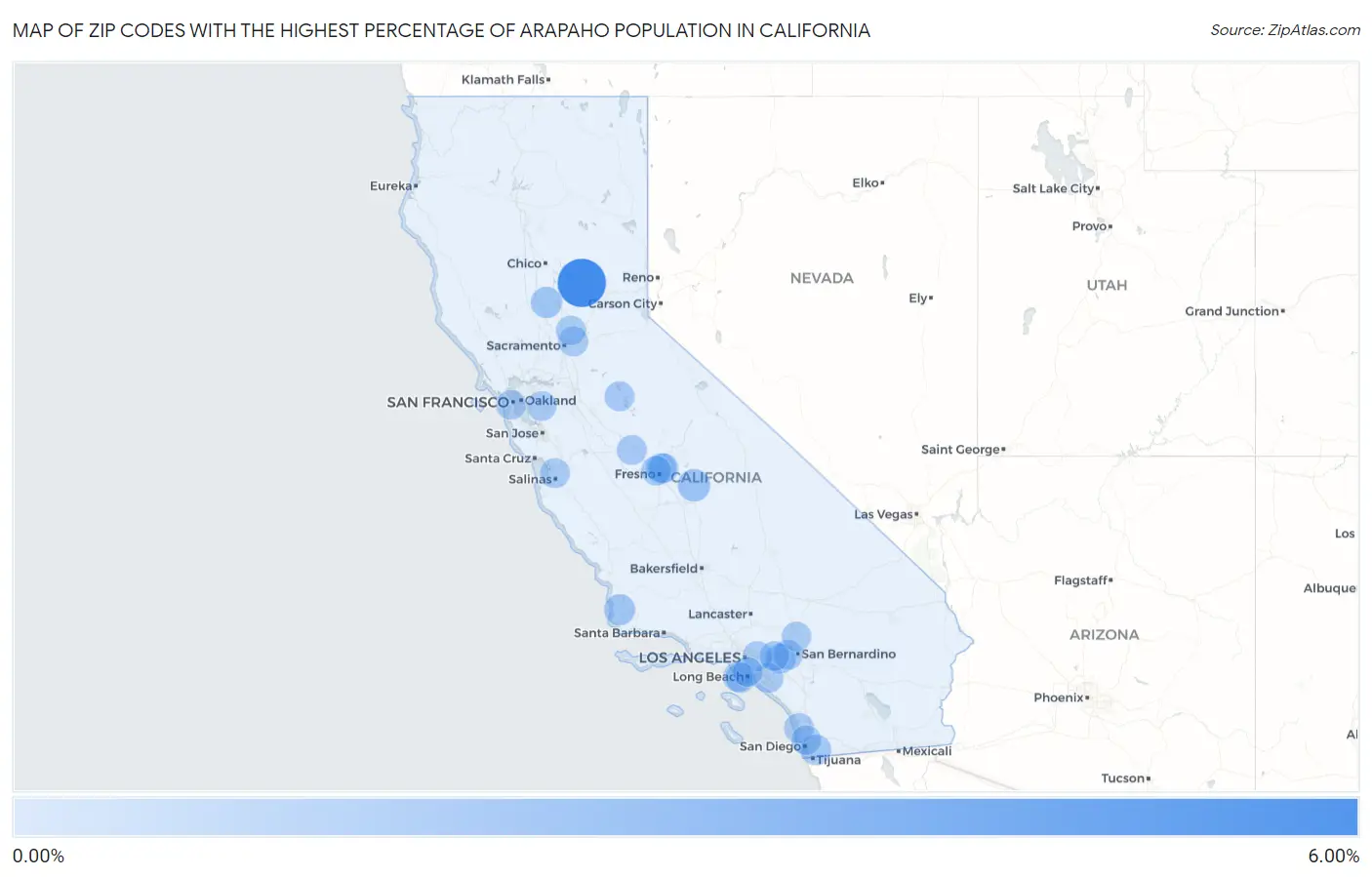 Zip Codes with the Highest Percentage of Arapaho Population in California Map