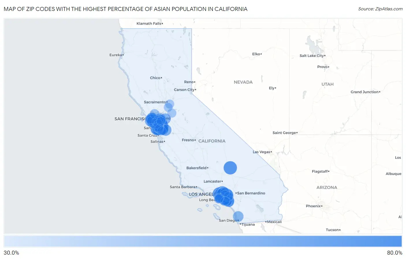 Zip Codes with the Highest Percentage of Asian Population in California Map