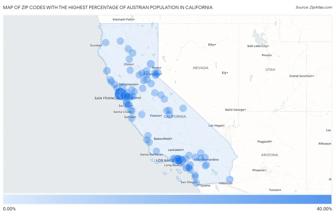 Zip Codes with the Highest Percentage of Austrian Population in California Map