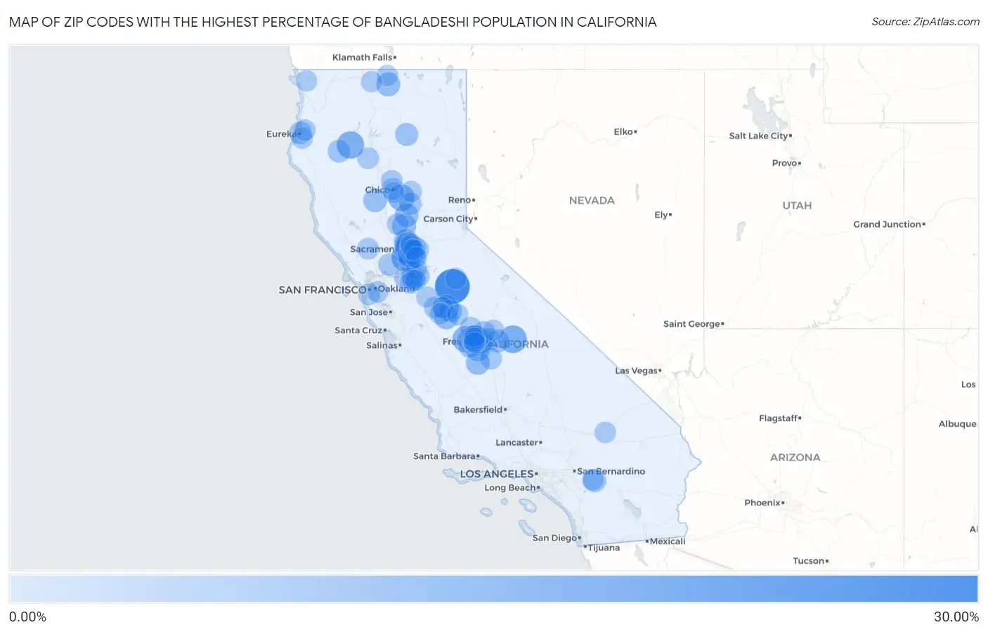 Zip Codes with the Highest Percentage of Bangladeshi Population in California Map