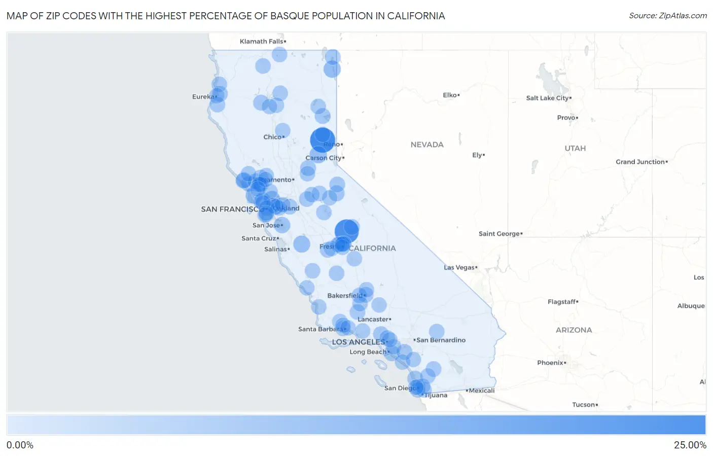 Zip Codes with the Highest Percentage of Basque Population in California Map