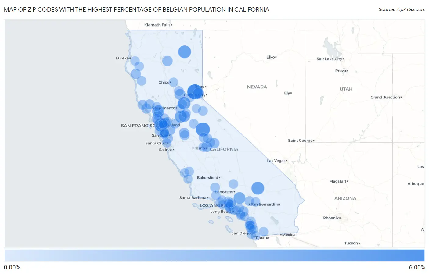 Zip Codes with the Highest Percentage of Belgian Population in California Map