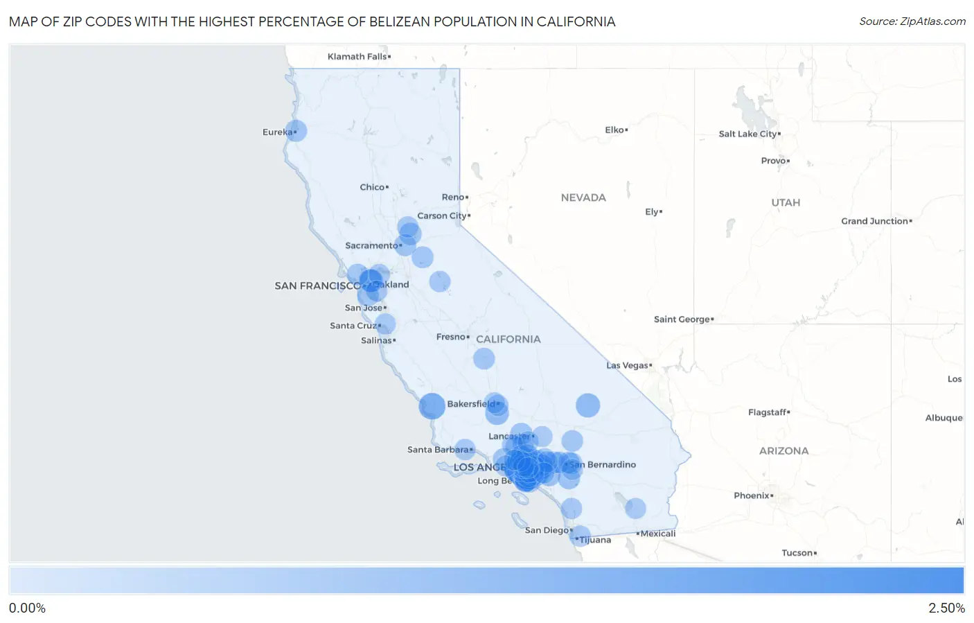 Zip Codes with the Highest Percentage of Belizean Population in California Map
