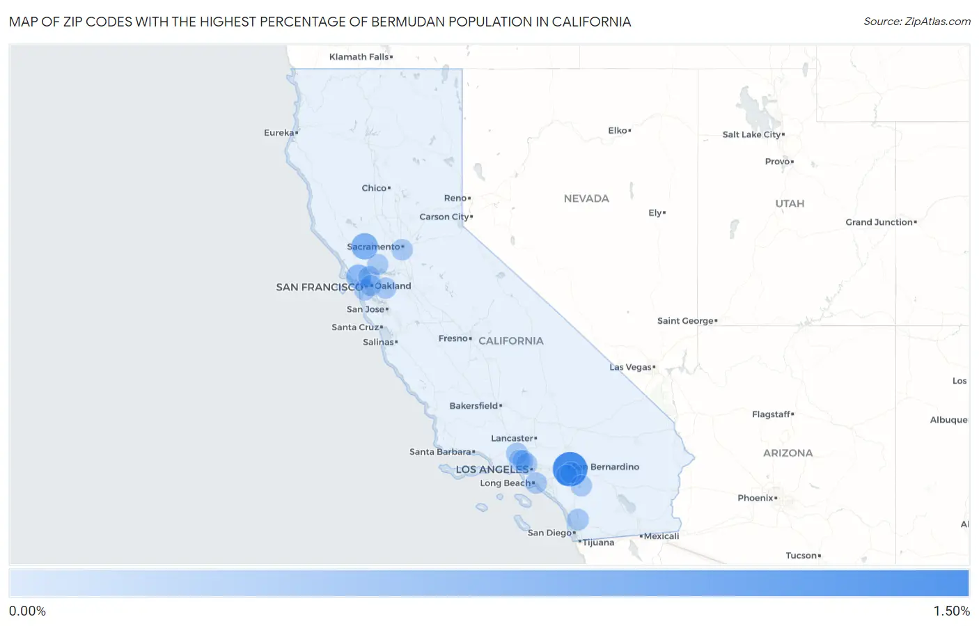 Zip Codes with the Highest Percentage of Bermudan Population in California Map