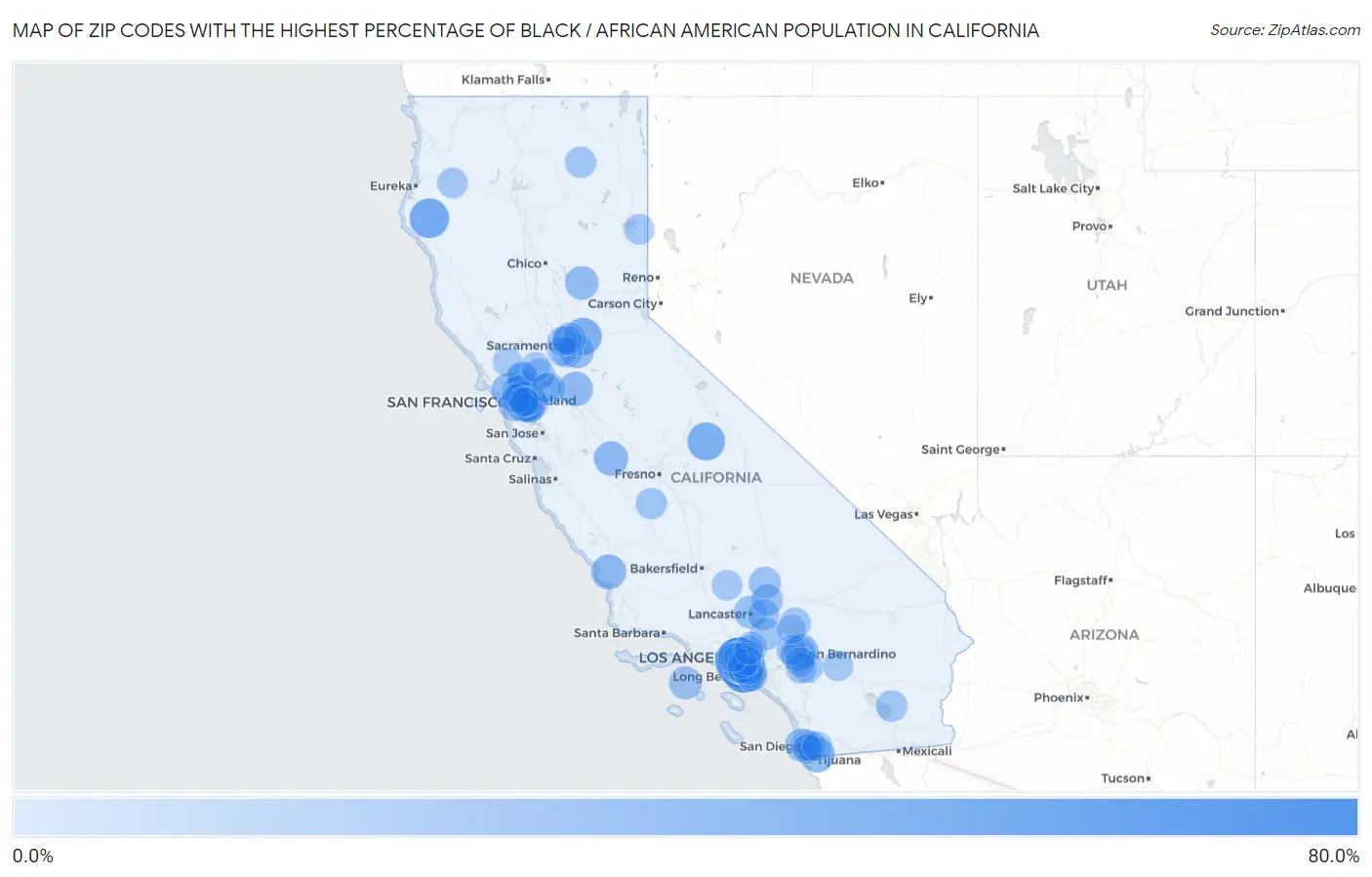 Zip Codes with the Highest Percentage of Black / African American Population in California Map