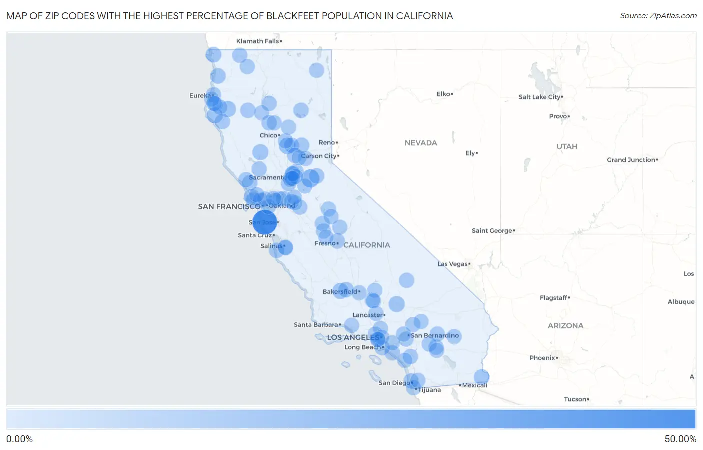 Zip Codes with the Highest Percentage of Blackfeet Population in California Map