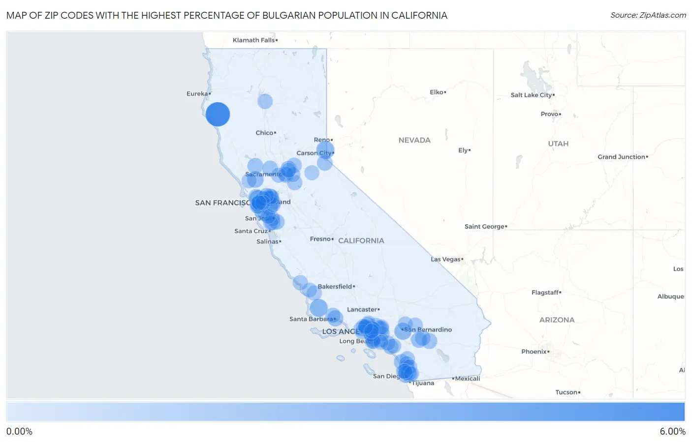 Zip Codes with the Highest Percentage of Bulgarian Population in California Map