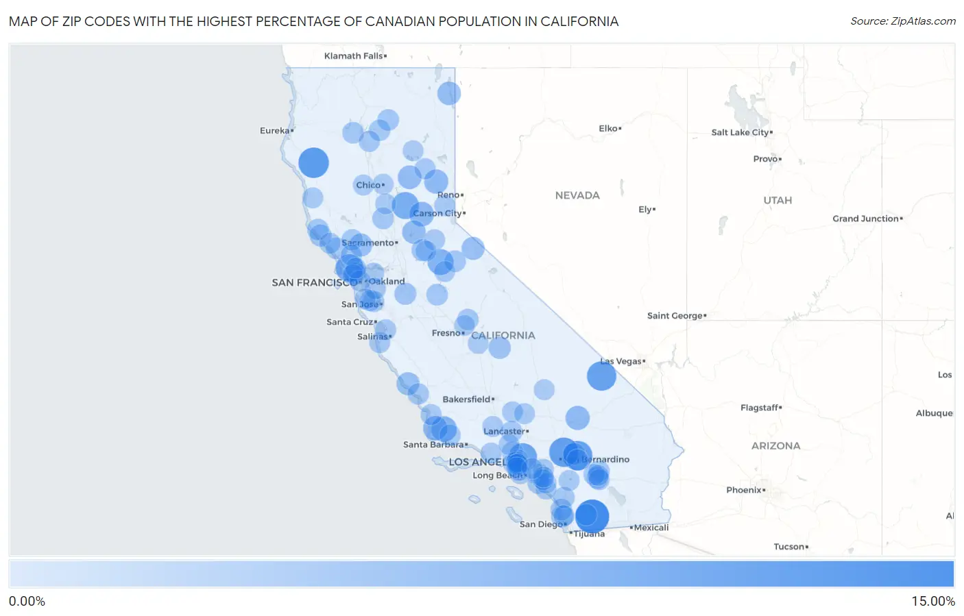 Zip Codes with the Highest Percentage of Canadian Population in California Map