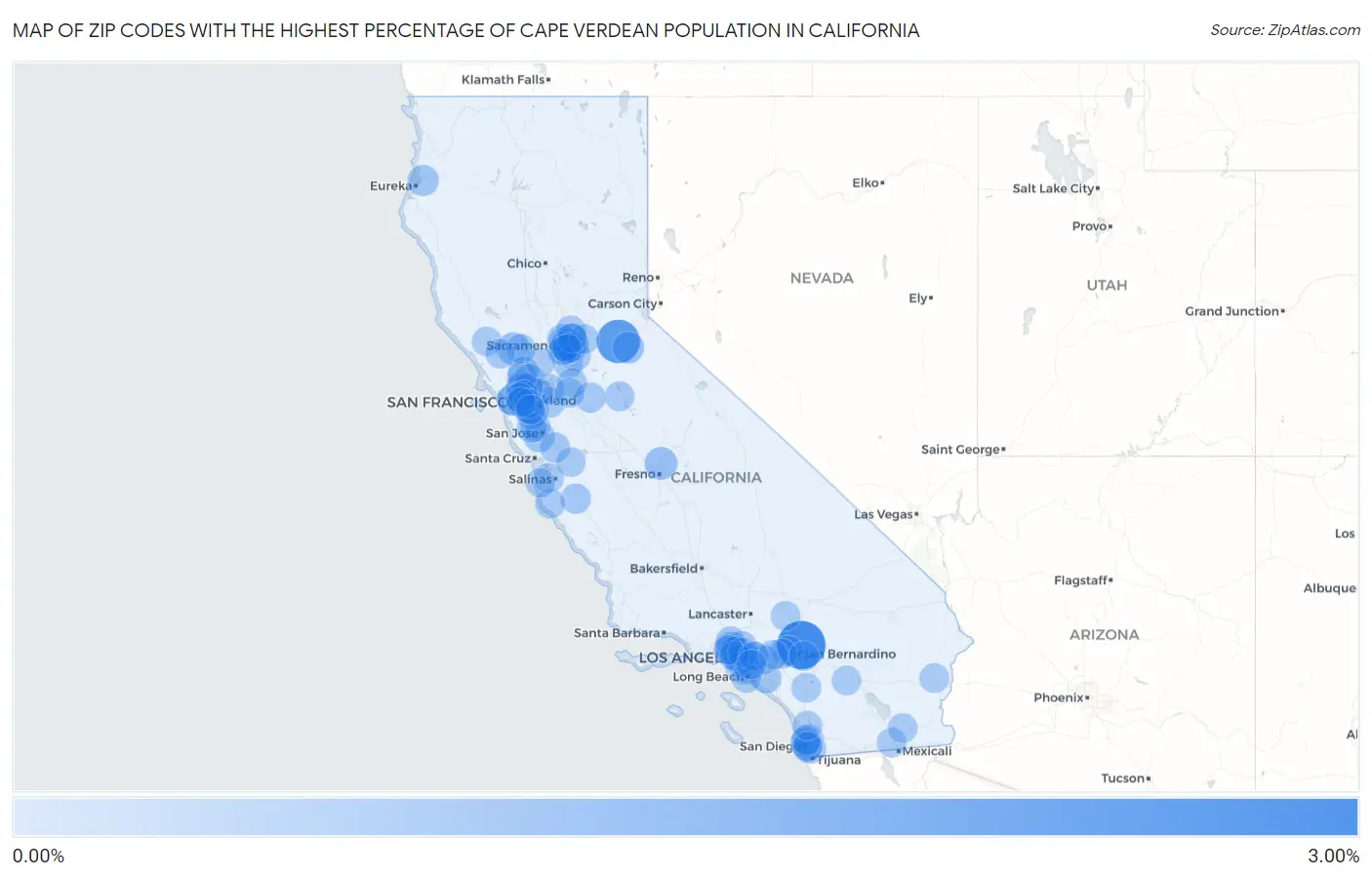 Zip Codes with the Highest Percentage of Cape Verdean Population in California Map