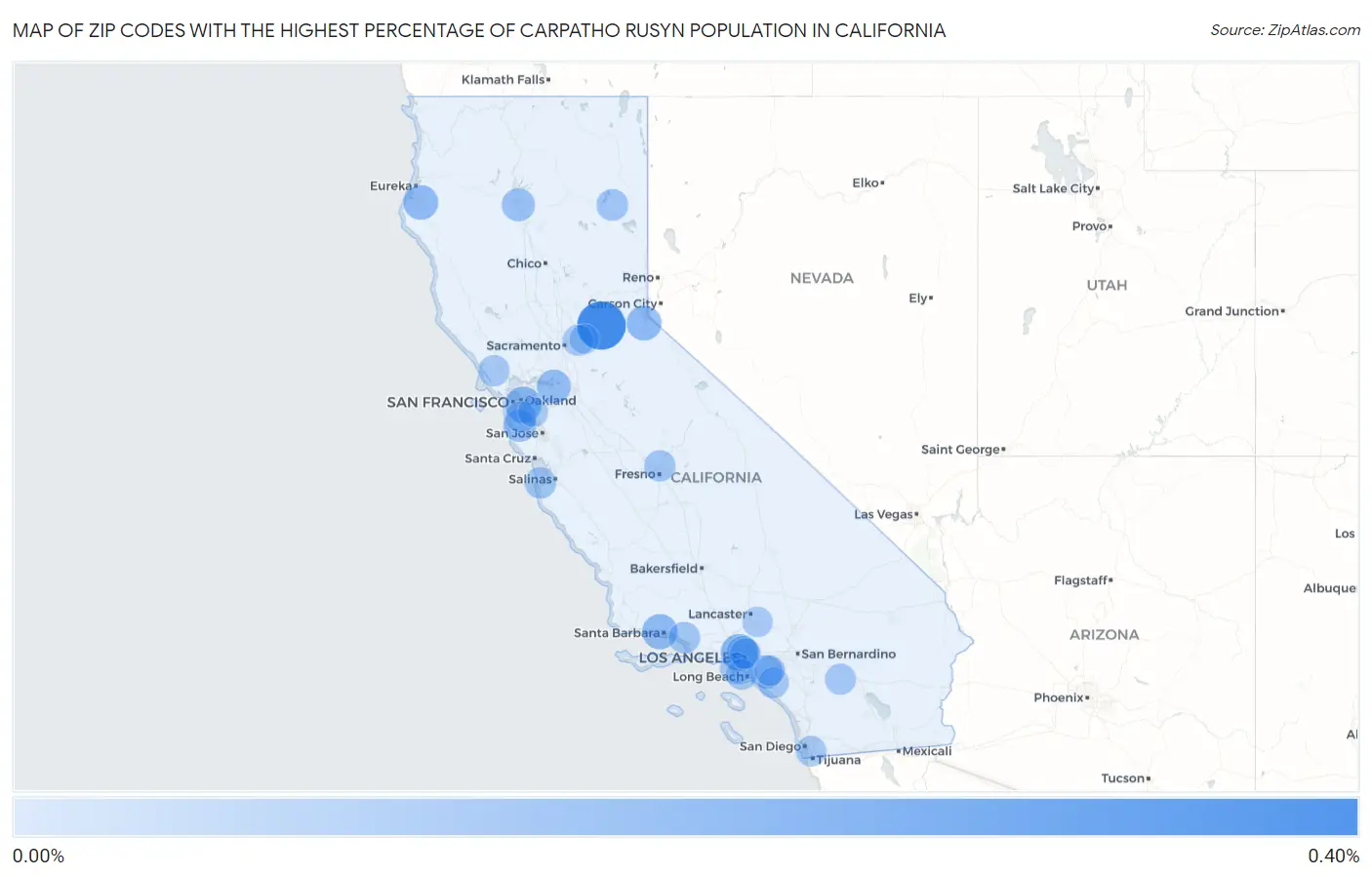 Zip Codes with the Highest Percentage of Carpatho Rusyn Population in California Map