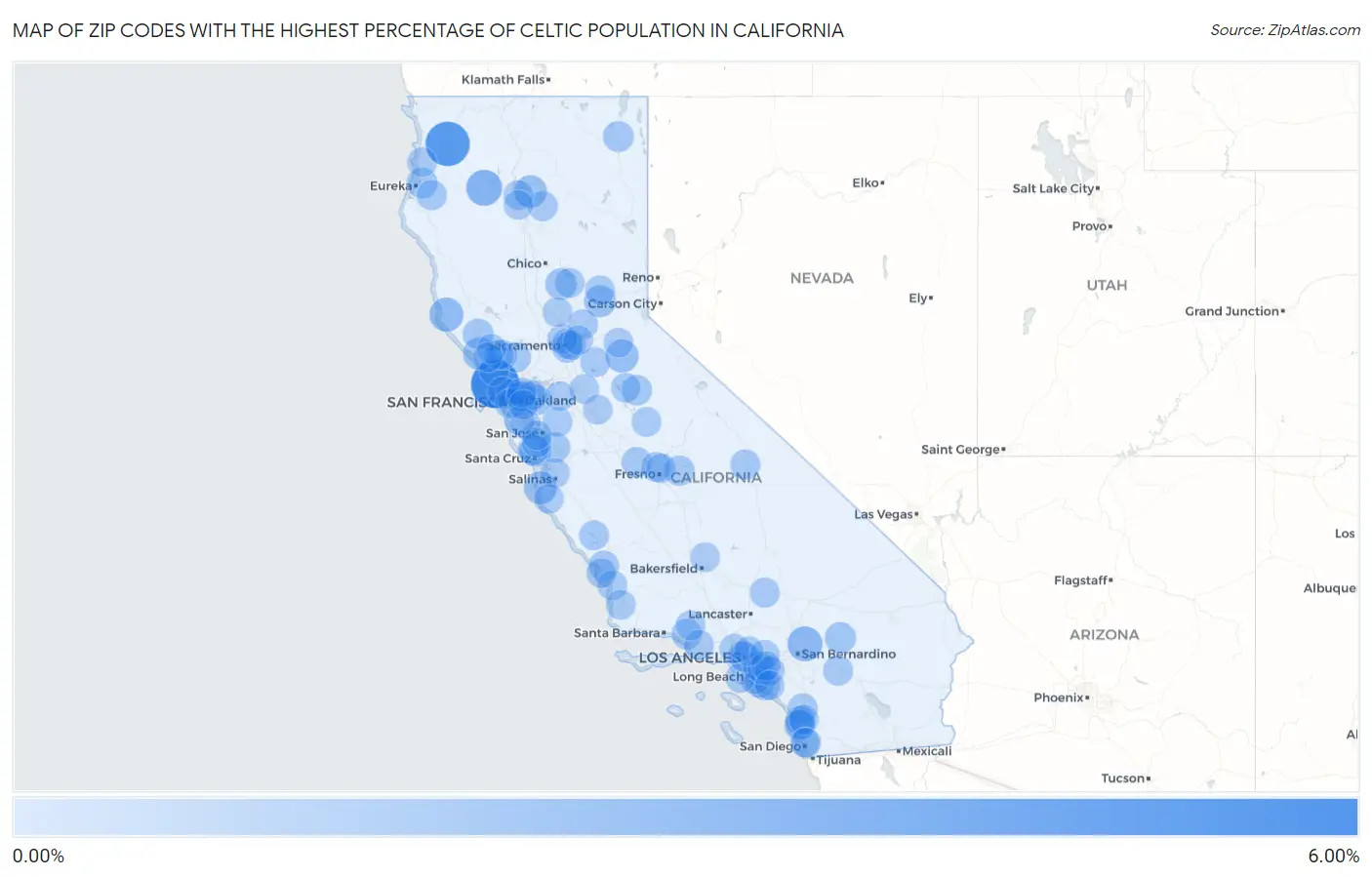 Zip Codes with the Highest Percentage of Celtic Population in California Map