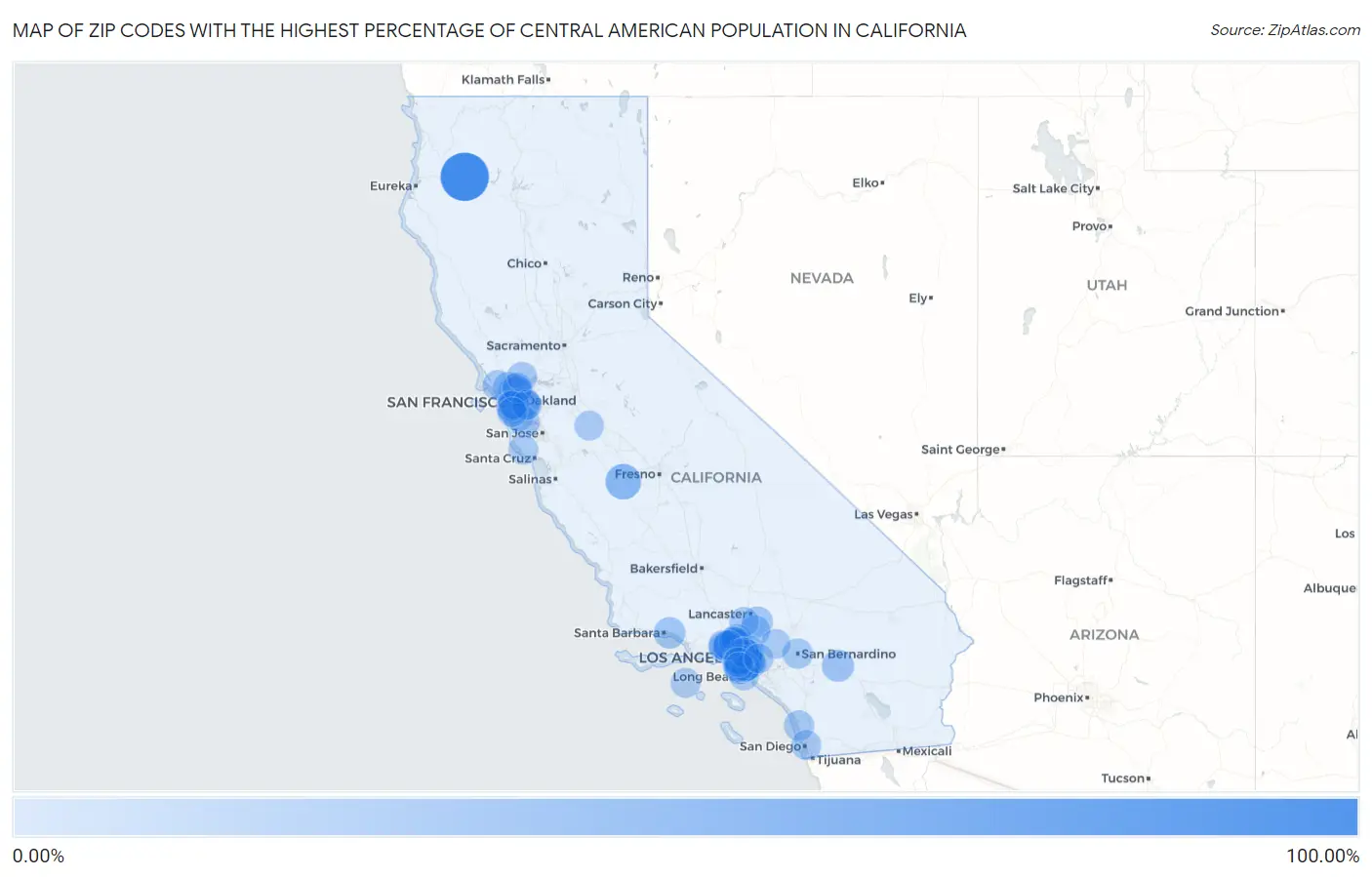 Zip Codes with the Highest Percentage of Central American Population in California Map