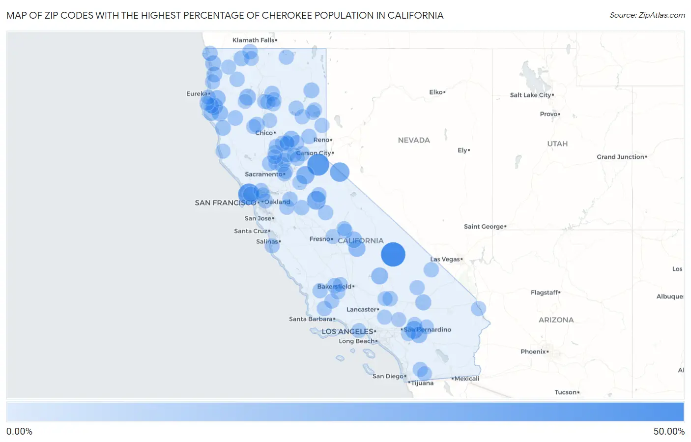 Zip Codes with the Highest Percentage of Cherokee Population in California Map