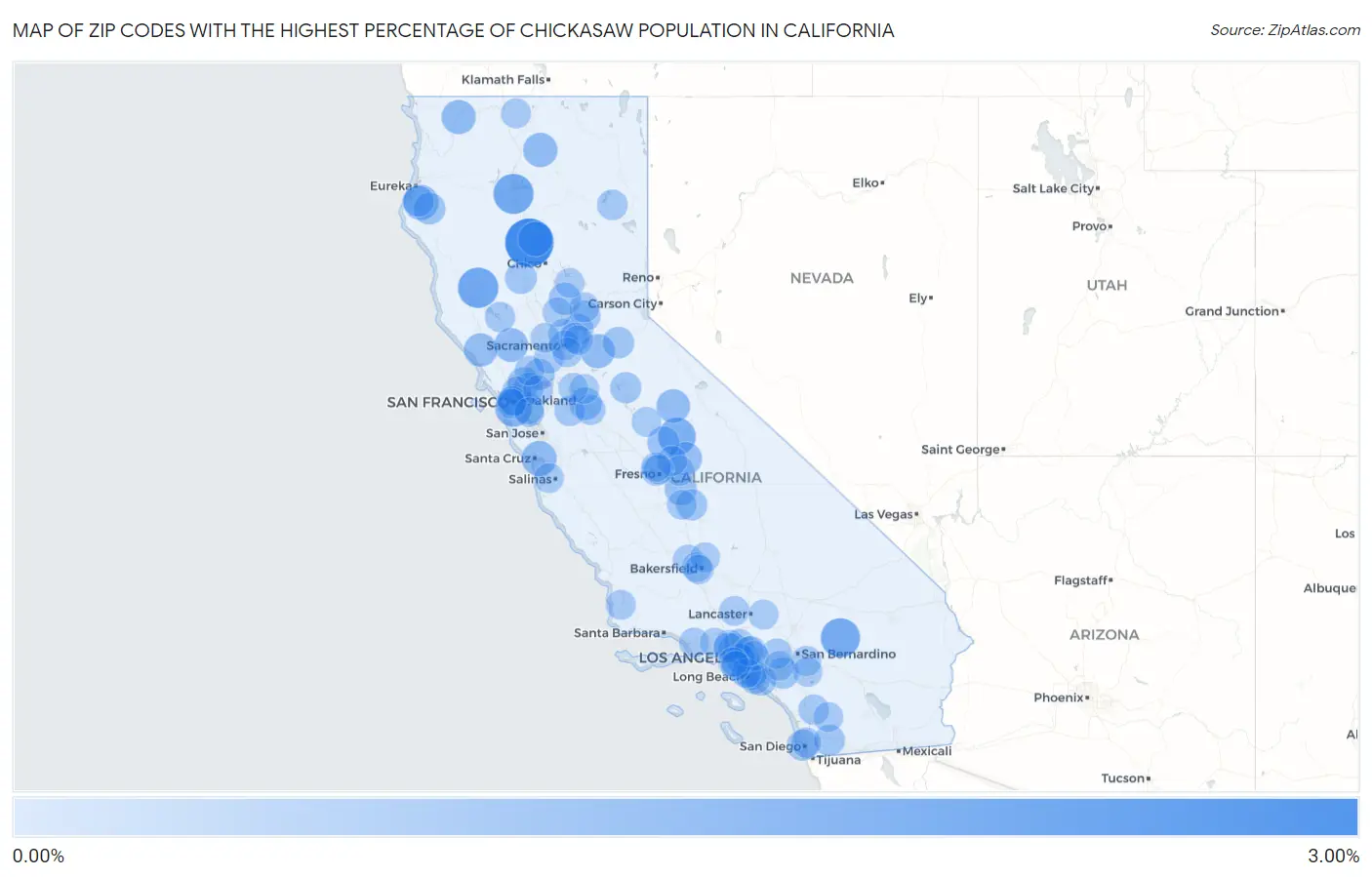 Zip Codes with the Highest Percentage of Chickasaw Population in California Map