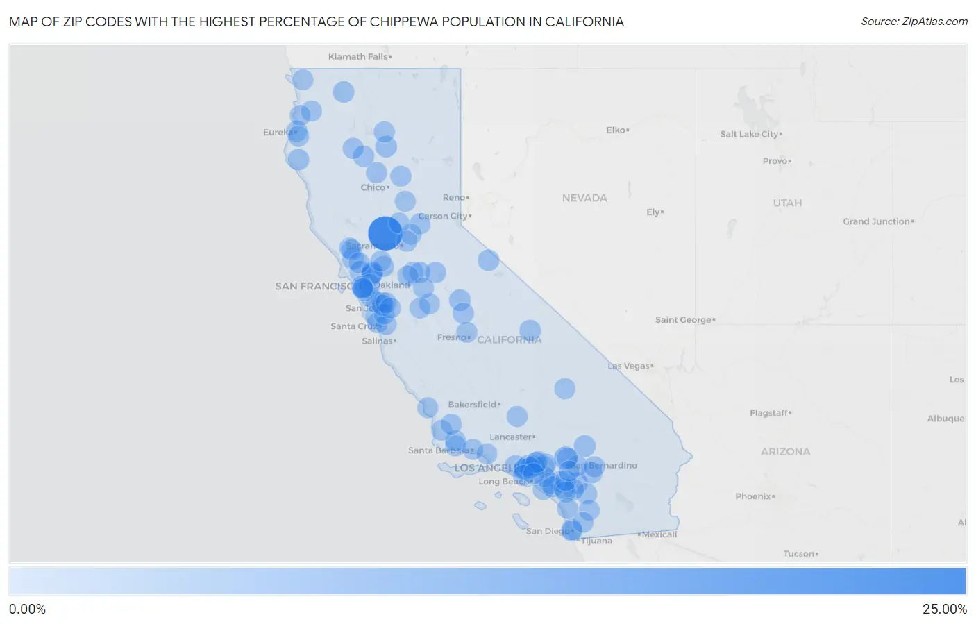 Zip Codes with the Highest Percentage of Chippewa Population in California Map
