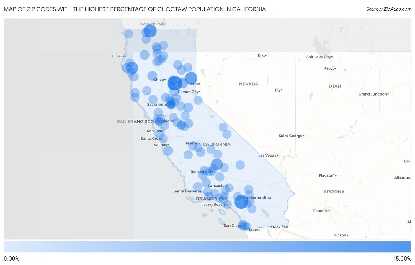 Zip Codes with the Highest Percentage of Choctaw Population in California Map