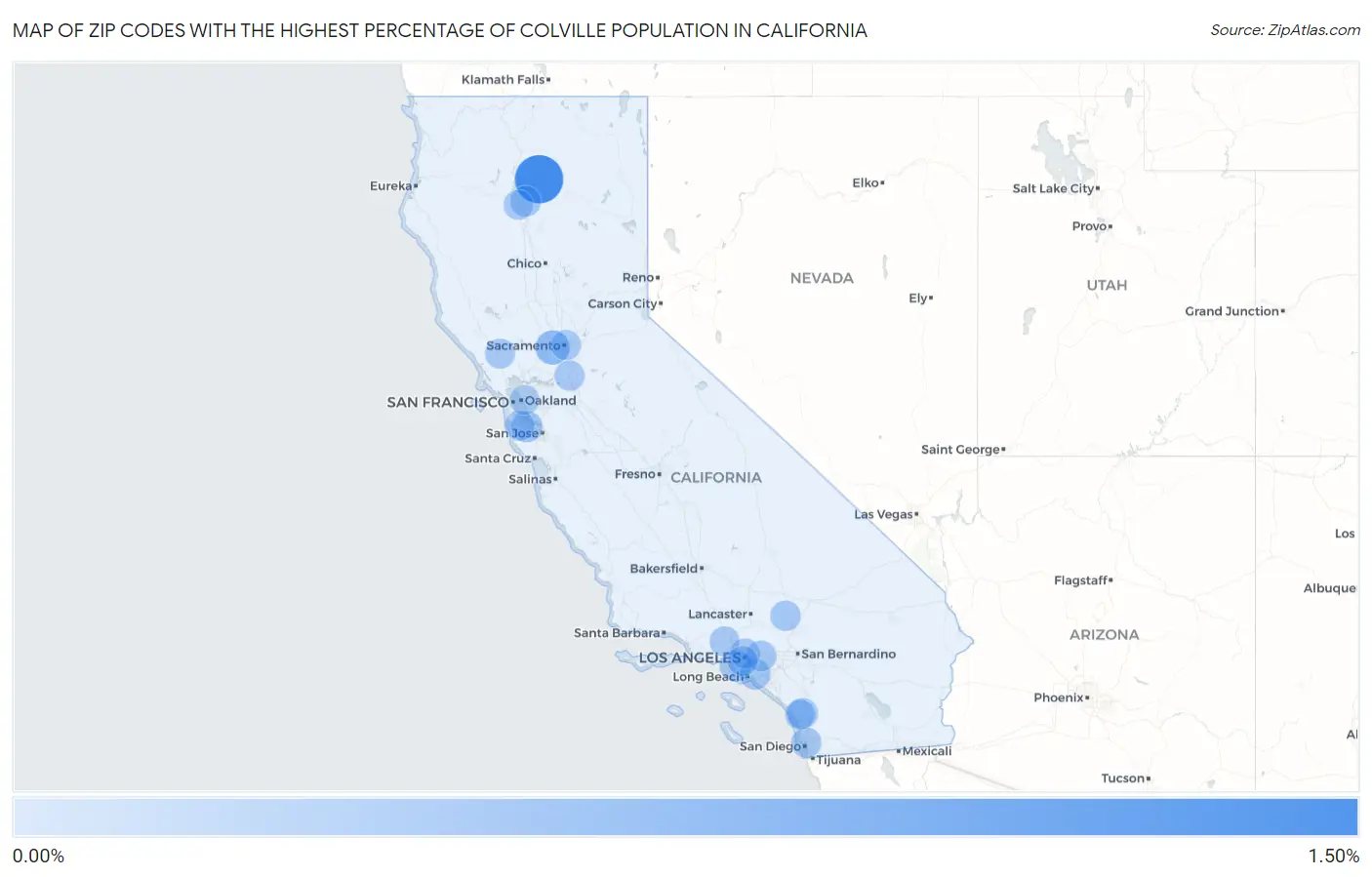 Zip Codes with the Highest Percentage of Colville Population in California Map
