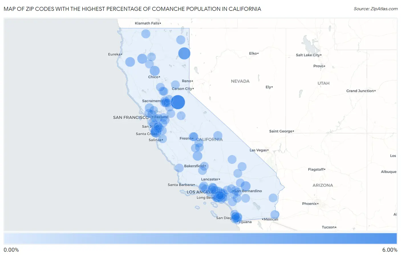 Zip Codes with the Highest Percentage of Comanche Population in California Map