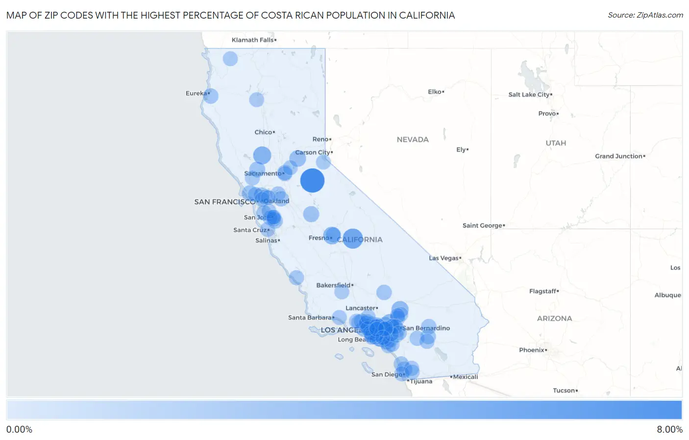 Zip Codes with the Highest Percentage of Costa Rican Population in California Map