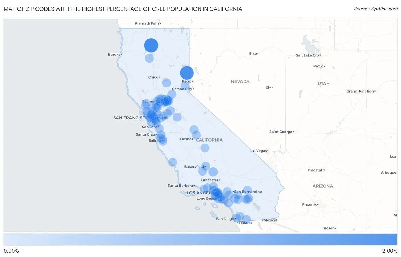 Zip Codes with the Highest Percentage of Cree Population in California Map