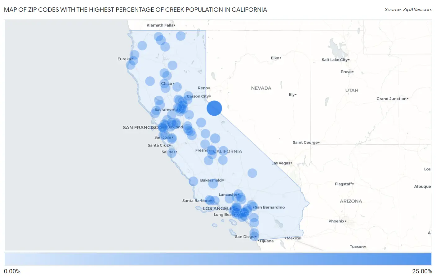 Zip Codes with the Highest Percentage of Creek Population in California Map