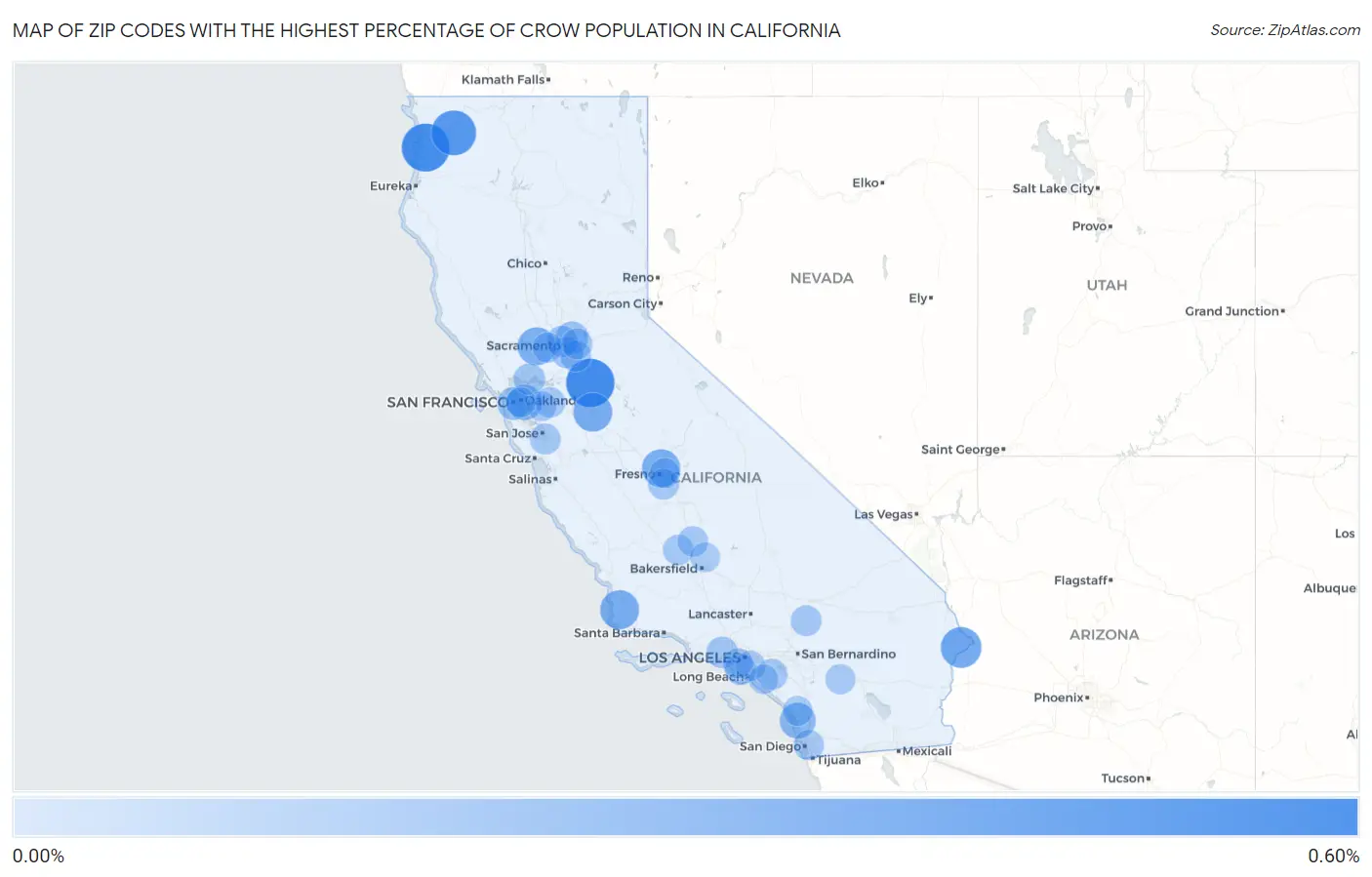 Zip Codes with the Highest Percentage of Crow Population in California Map