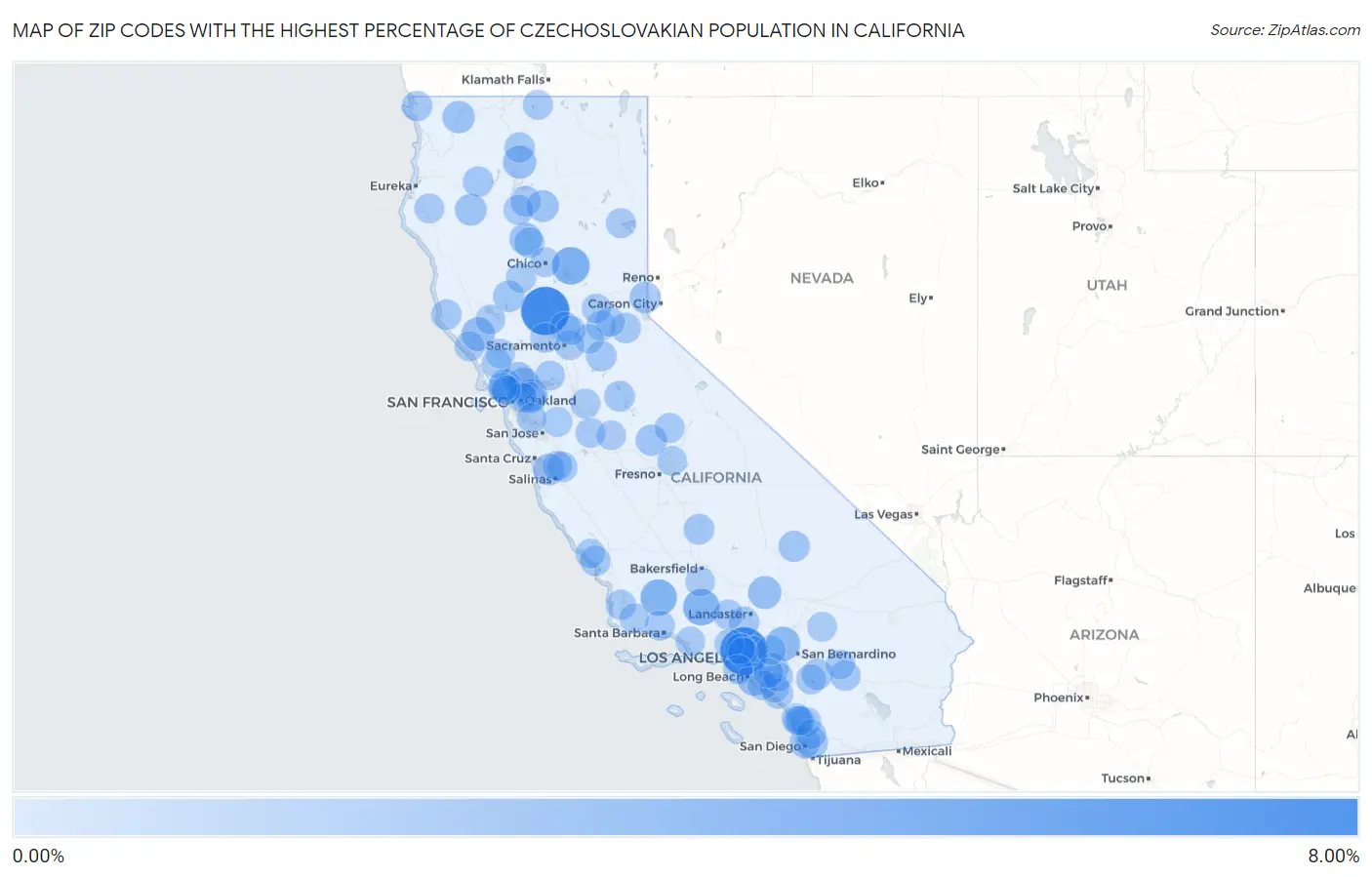 Zip Codes with the Highest Percentage of Czechoslovakian Population in California Map