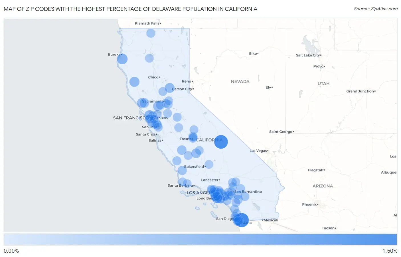 Zip Codes with the Highest Percentage of Delaware Population in California Map
