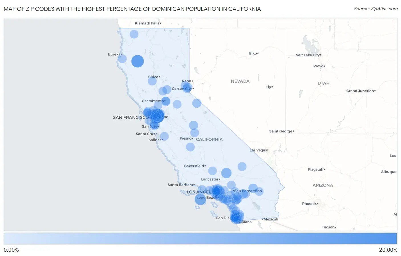 Zip Codes with the Highest Percentage of Dominican Population in California Map