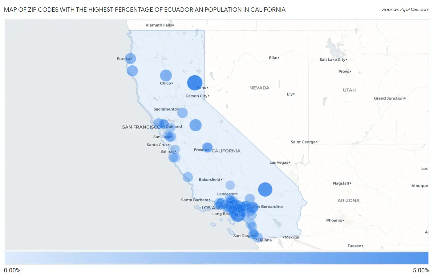Zip Codes with the Highest Percentage of Ecuadorian Population in California Map