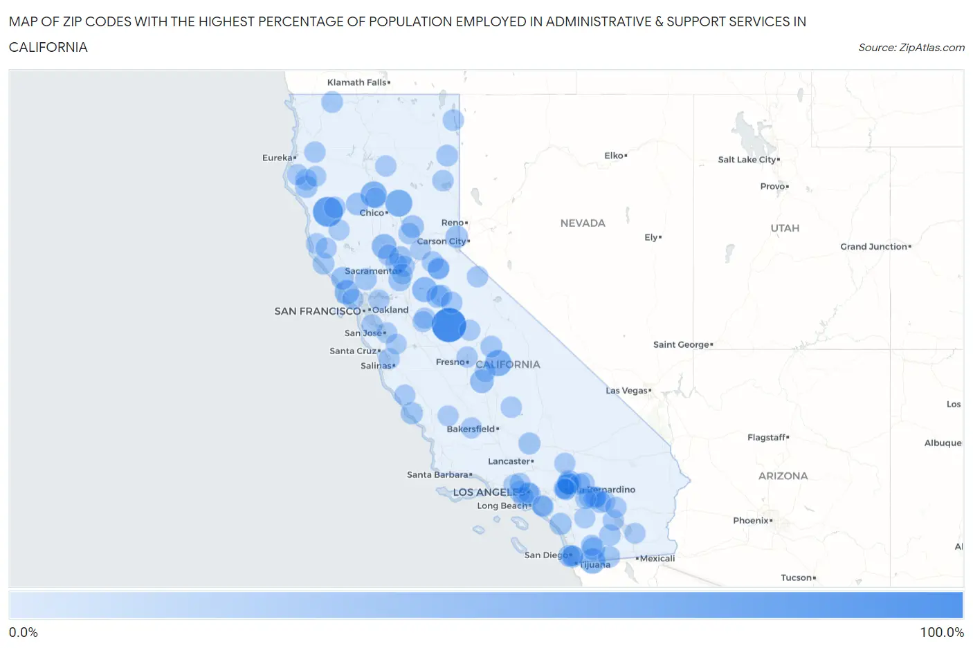 Zip Codes with the Highest Percentage of Population Employed in Administrative & Support Services in California Map