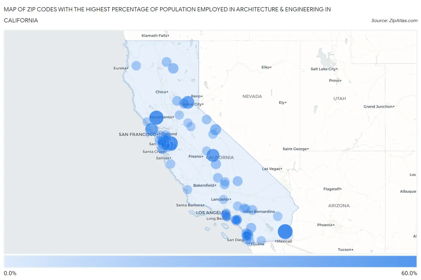 Zip Codes with the Highest Percentage of Population Employed in Architecture & Engineering in California Map