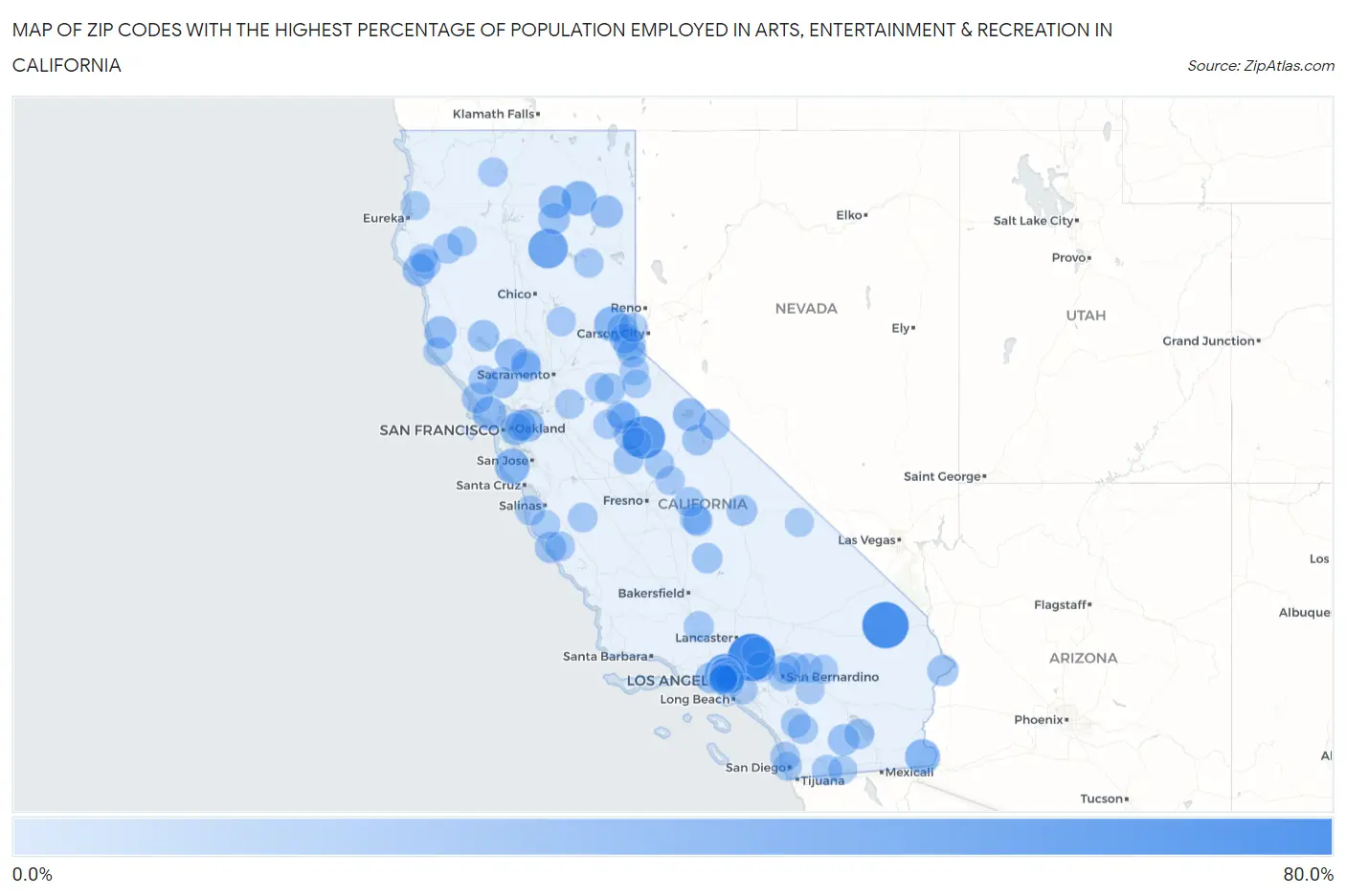 Zip Codes with the Highest Percentage of Population Employed in Arts, Entertainment & Recreation in California Map