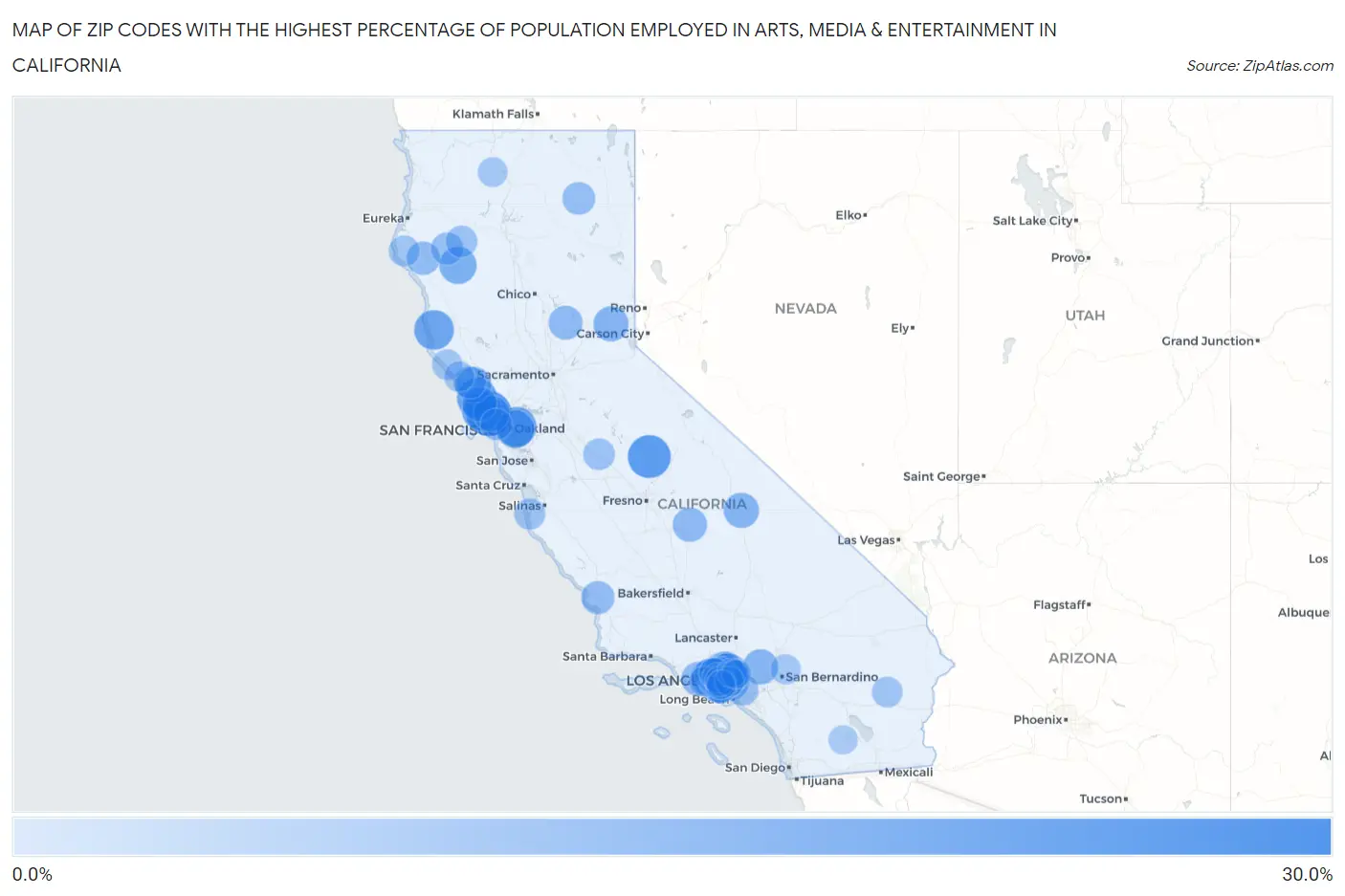 Zip Codes with the Highest Percentage of Population Employed in Arts, Media & Entertainment in California Map