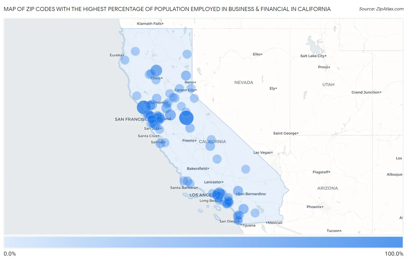 Zip Codes with the Highest Percentage of Population Employed in Business & Financial in California Map