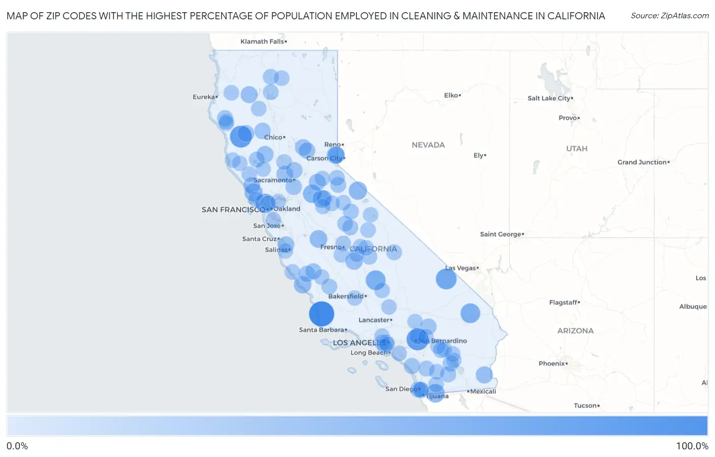 Zip Codes with the Highest Percentage of Population Employed in Cleaning & Maintenance in California Map
