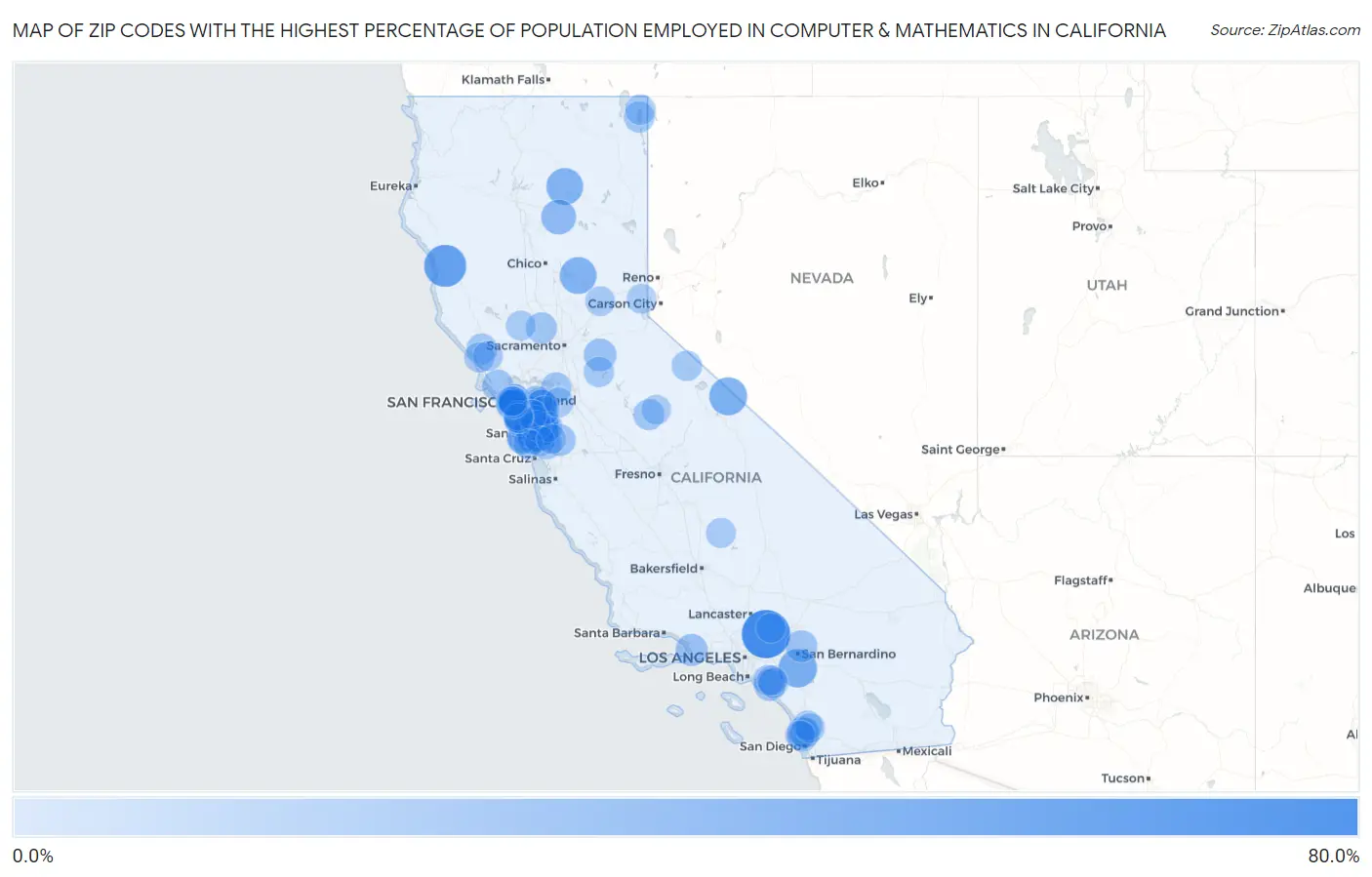 Zip Codes with the Highest Percentage of Population Employed in Computer & Mathematics in California Map