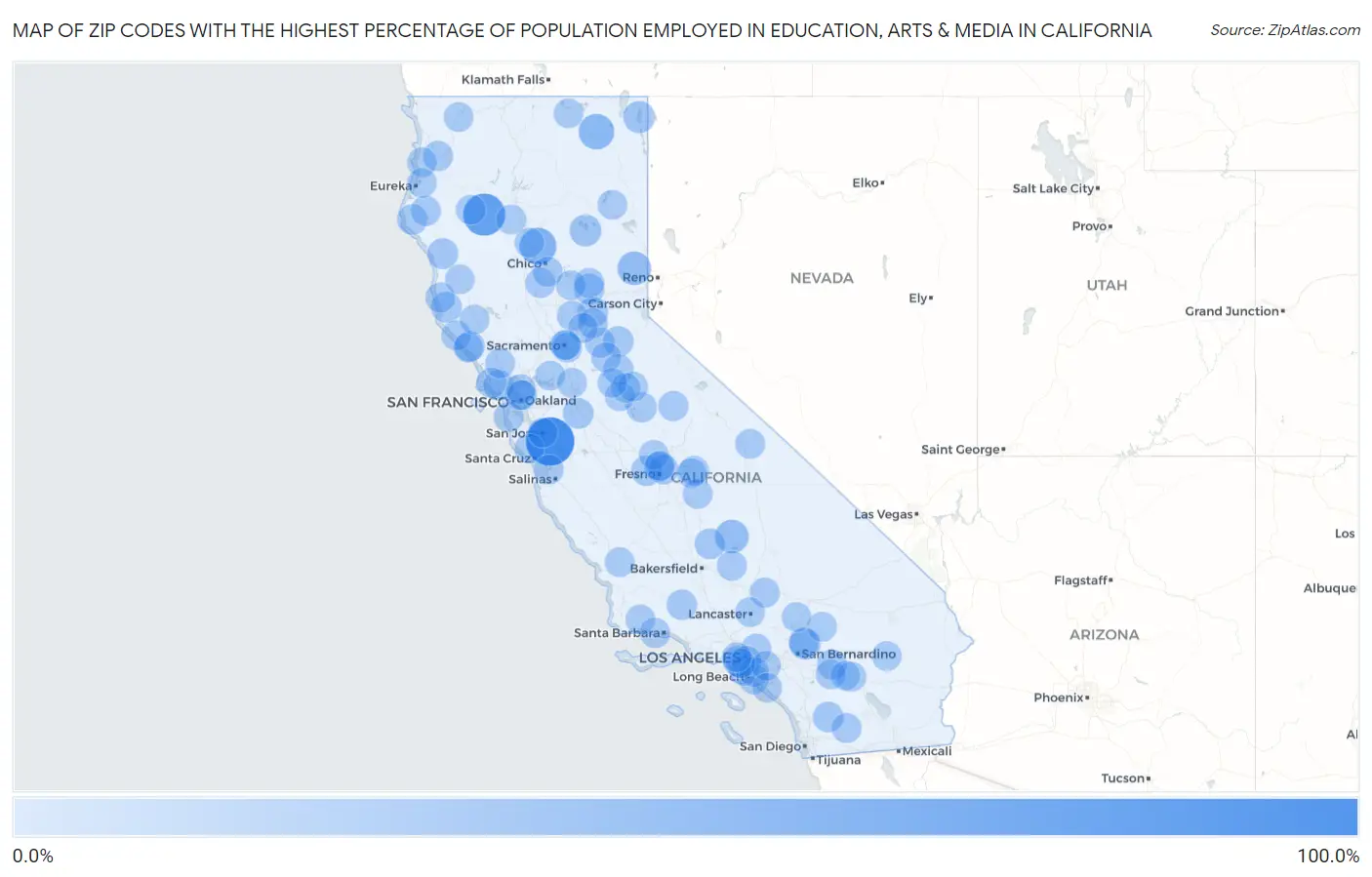 Zip Codes with the Highest Percentage of Population Employed in Education, Arts & Media in California Map