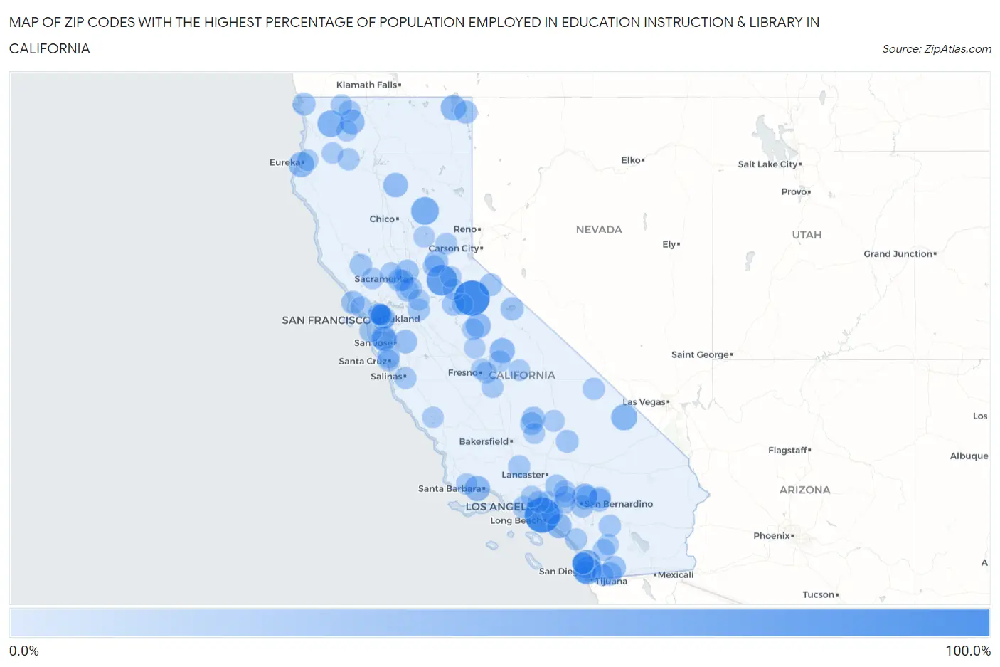 Zip Codes with the Highest Percentage of Population Employed in Education Instruction & Library in California Map