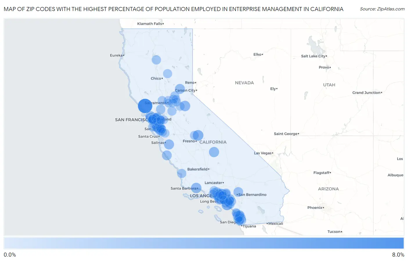 Zip Codes with the Highest Percentage of Population Employed in Enterprise Management in California Map