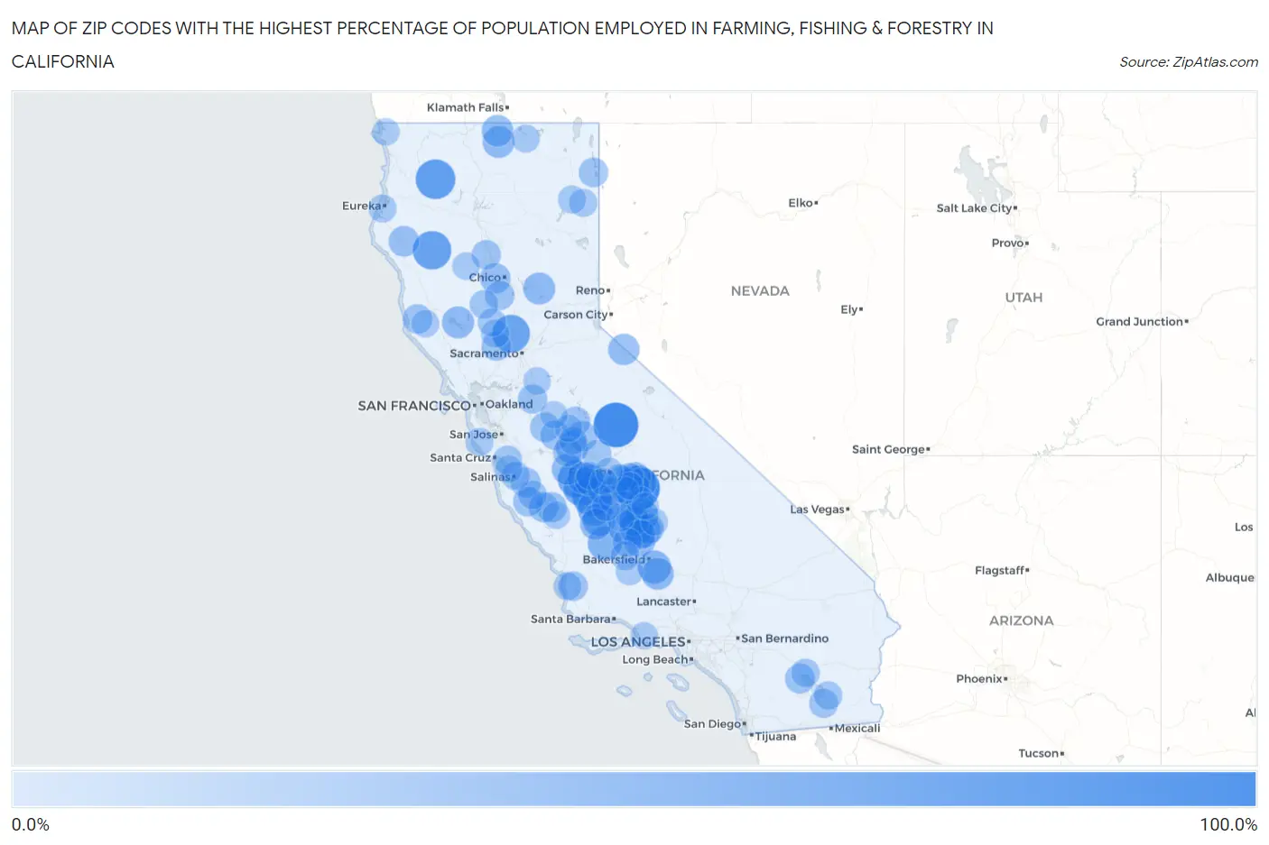 Zip Codes with the Highest Percentage of Population Employed in Farming, Fishing & Forestry in California Map