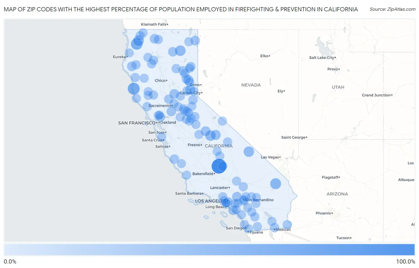 Zip Codes with the Highest Percentage of Population Employed in Firefighting & Prevention in California Map