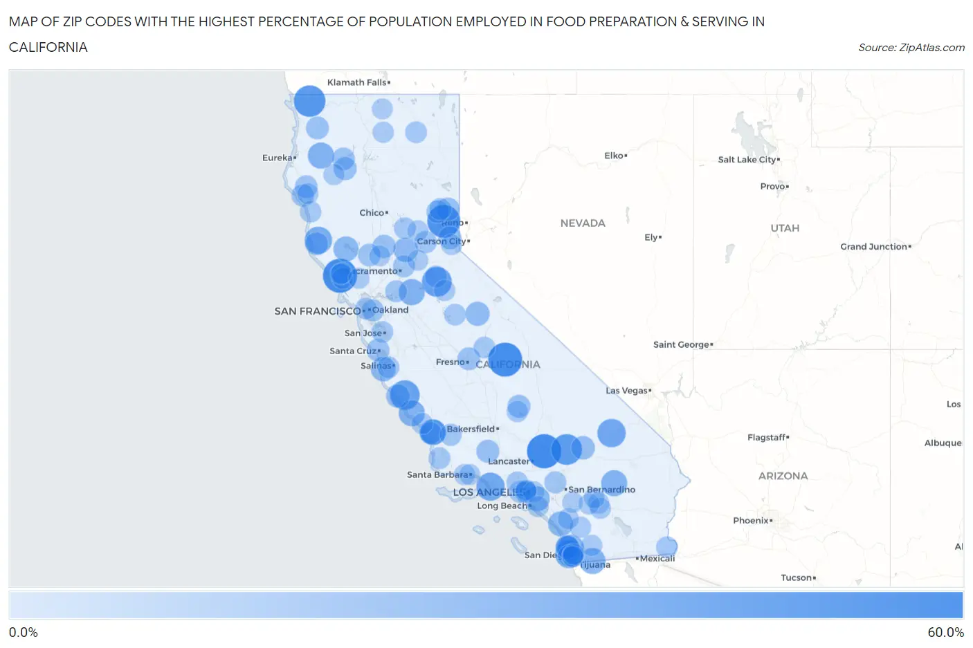Zip Codes with the Highest Percentage of Population Employed in Food Preparation & Serving in California Map