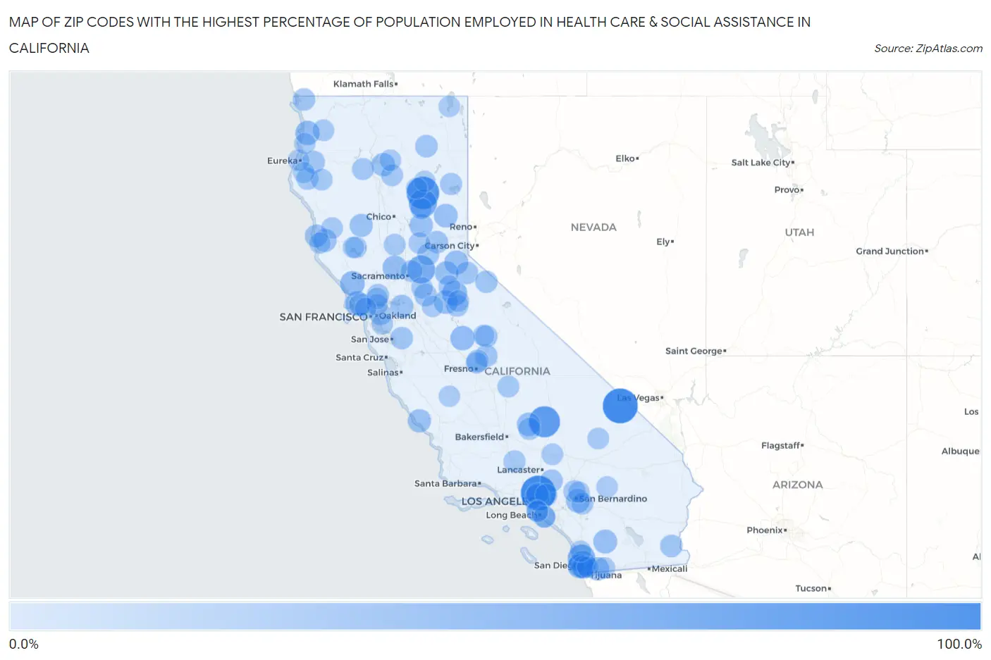 Zip Codes with the Highest Percentage of Population Employed in Health Care & Social Assistance in California Map
