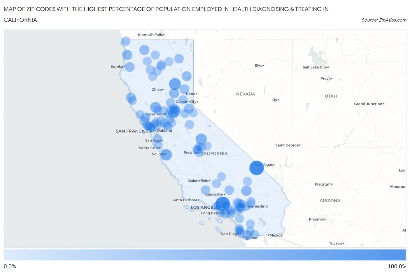 Zip Codes with the Highest Percentage of Population Employed in Health Diagnosing & Treating in California Map