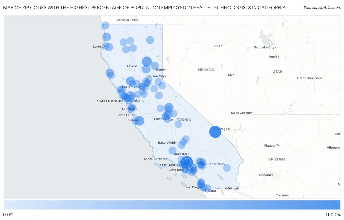 Zip Codes with the Highest Percentage of Population Employed in Health Technologists in California Map