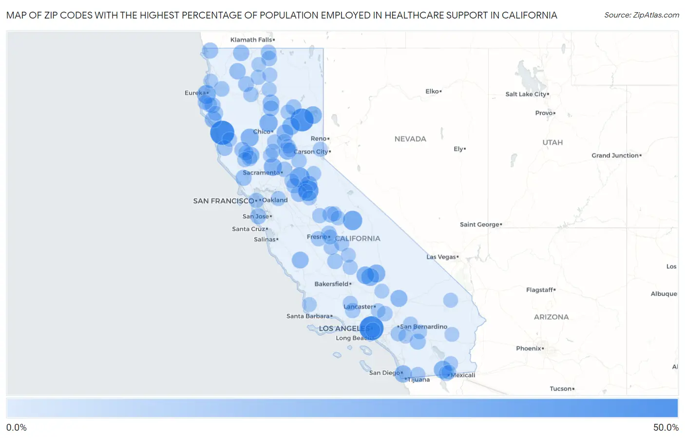 Zip Codes with the Highest Percentage of Population Employed in Healthcare Support in California Map